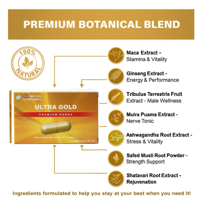 10 x 400mg NEW Advanced Formula - Ultra Gold Premium Male Support Capsules | 10 Capsules | Maca, Ginseng, Tribulus, Ashwagandha Blend | Stamina & Vitality Support | UK Manufactured