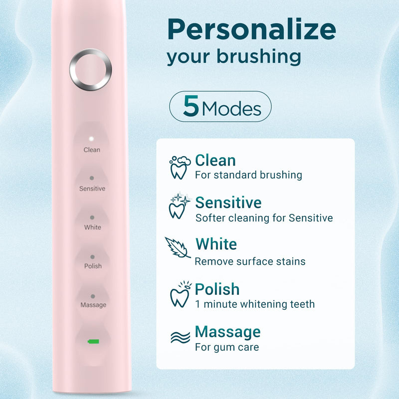 Electric Toothbrush for Adults with 8 Brush Heads, Sonic Toothbrush Rechargeable with a Holder & Travel Case, 2.5 Hours Charge for 120 Days Use Pink 1 Count (Pack of 1)