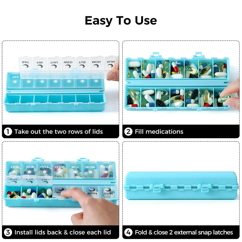 Foldable Pill Organizer Weekly 2 Times a Day, 7 Day Portable AM PM Travel Pill Case with Black&White Labels, Dual-Protection Daily Medicine Box, Large Pill Container for Vitamin/Supplement-Blue Blue