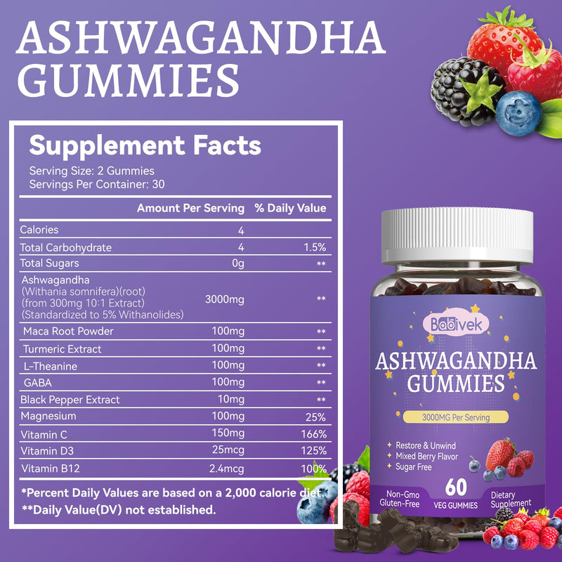 Ashwagandha Gummies 3000mg - 60 Count (30-Day Supply) for Stress Relief | Immune Support Ashwagandha Supplements with Maca, L-Theanine, GABA, Turmeric - Mixed Berry Flavor 60 Count (Pack of 1)