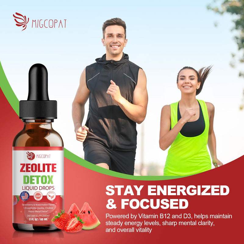 Migcopat Zeolite Detox Liquid Drops with B12, D3 & Vitamin C, 120ml | Pure Body Cleanse Support for Heavy Metals, Natural Zeolite Formula, Strawberry Watermelon Flavor 2 Fl Oz (Pack of 2)