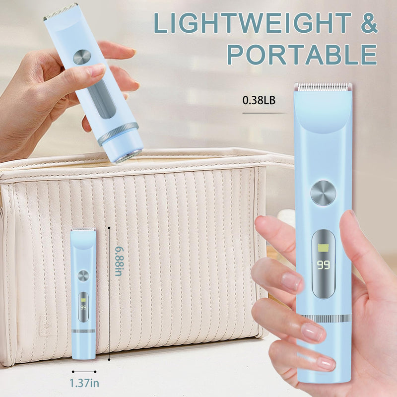 Bikini Trimmer for Women with LCD, Cordless& Painless& Waterproof Dual Head Shaver for Women Private Area& Face& Body, 2-in-1 Electric Razors, Bikini Shaver, Hair Trimmer Travel Grooming Kit Blue