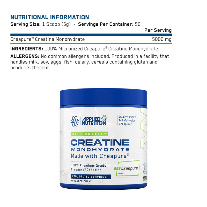 Applied Nutrition – Creatine Monohydrate – Made with Creapure® – Best Premium-Grade Creatine – Best Performance & Strength Support – Increased Energy & Endurance – (250g – 50 Servings) (Unflavoured)