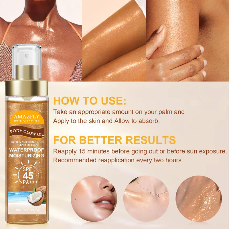 Body Glow Oil, SPF 45 PA+++, Sunscreen Body Oil with AMBER Mica, Moisturizing Coconut with Vitamin E, Glow Moisturizer, Lightweight, Water Resistant, 3.72 fl oz (#3 AMBER) #3 AMBER