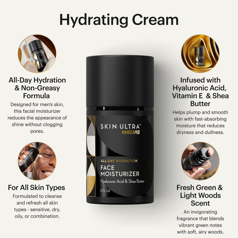 MANSCAPED® Skin Ultra™ Face Moisturizer - Men's Daily Hydrating Skincare Lotion Infused with Hyaluronic Acid, Vitamin E & Shea Butter, Non-Greasy, Fast Absorbing, 2 fl oz, (2-Pack) 2 Fl Oz (Pack of 2)