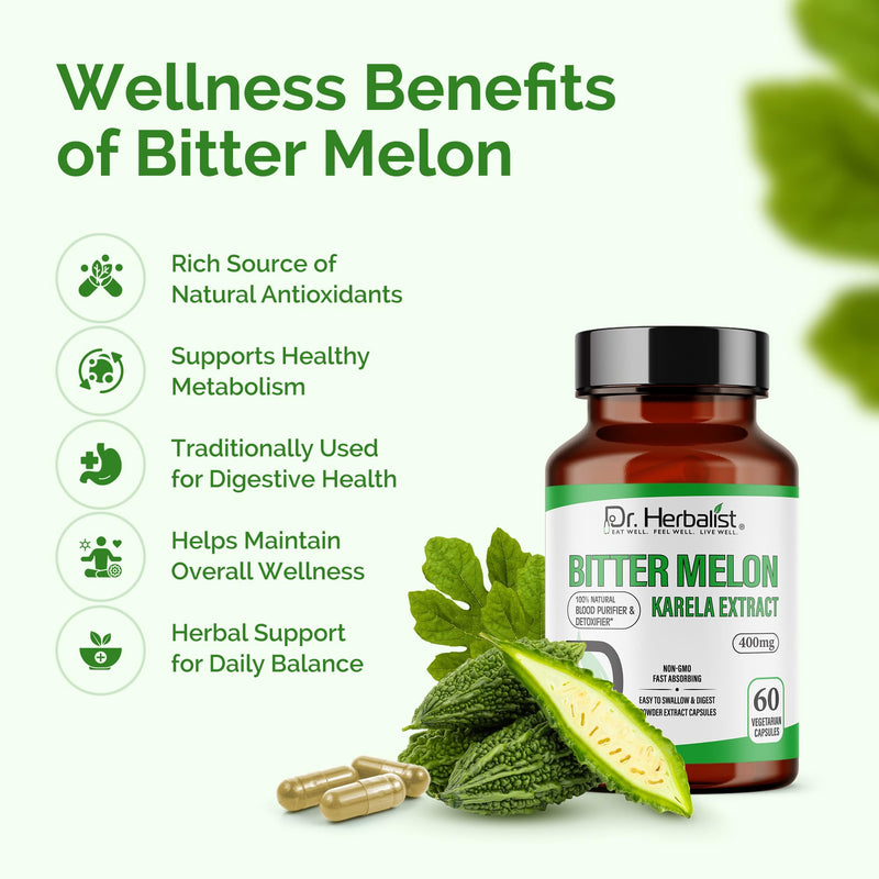 [Australia] - Dr. Herbalist Bitter Melon / Karela Extract 400mg - 60 Capsules| Non-GMO | Fasting Absorbing | Vegetarian. 