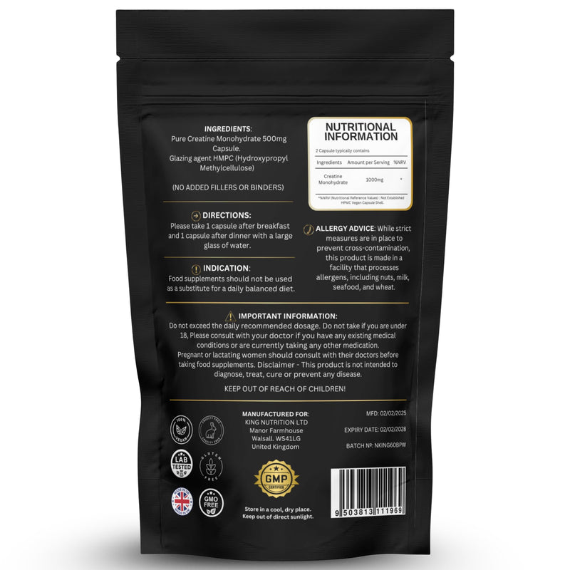 Creatine Monohydrate 1000mg – 60 Vegan Capsules – Muscle Growth, Strength, Endurance, Workout Recovery – Vegan Supplement