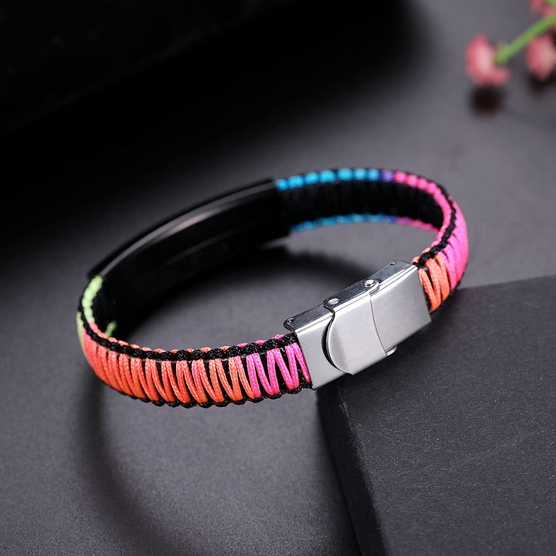 [Australia] - Medical Alert Bracelet for Women | T1D T2D Diabetes Epilepsy Medical Alert ID Emergency Bracelet for Girls & Boys | Handmade Nylon Rope Braided Bracelets, Adjustable Black+Rainbow A_Blood Thinner 
