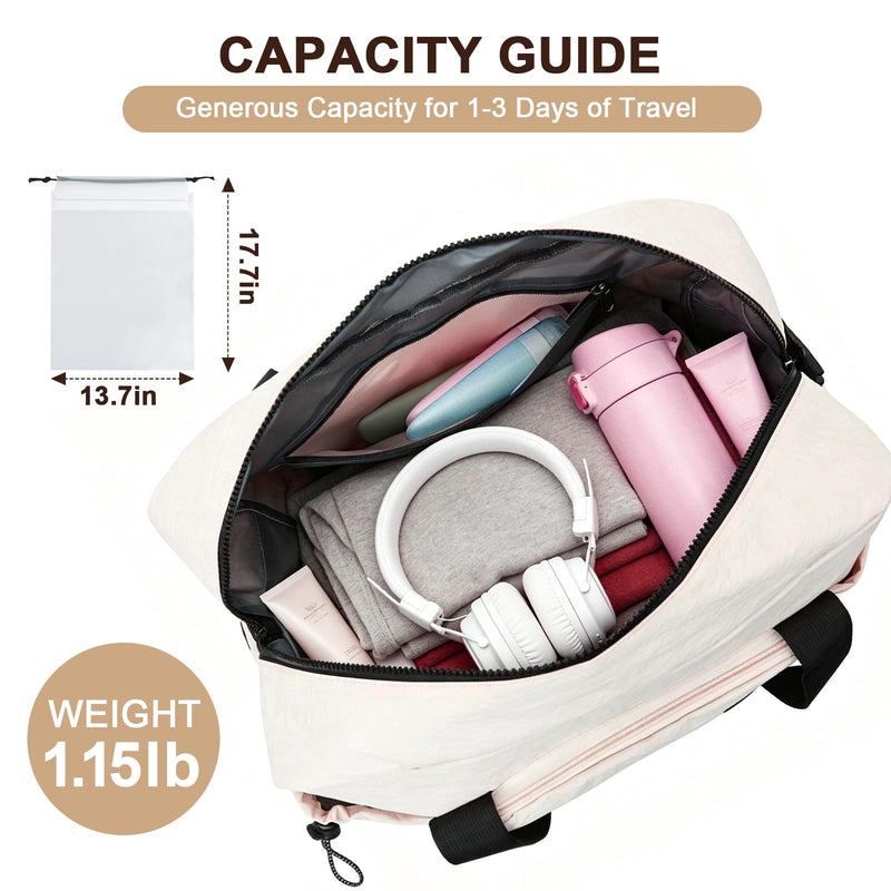 Foldable Travel Bag for Women, Expandable 28L-40L Lightweight Personal Item Carry On Bag, Packable Duffel Bag, Weekender Overnight Travel Tote, Collapsible Luggage Bag, Cream White