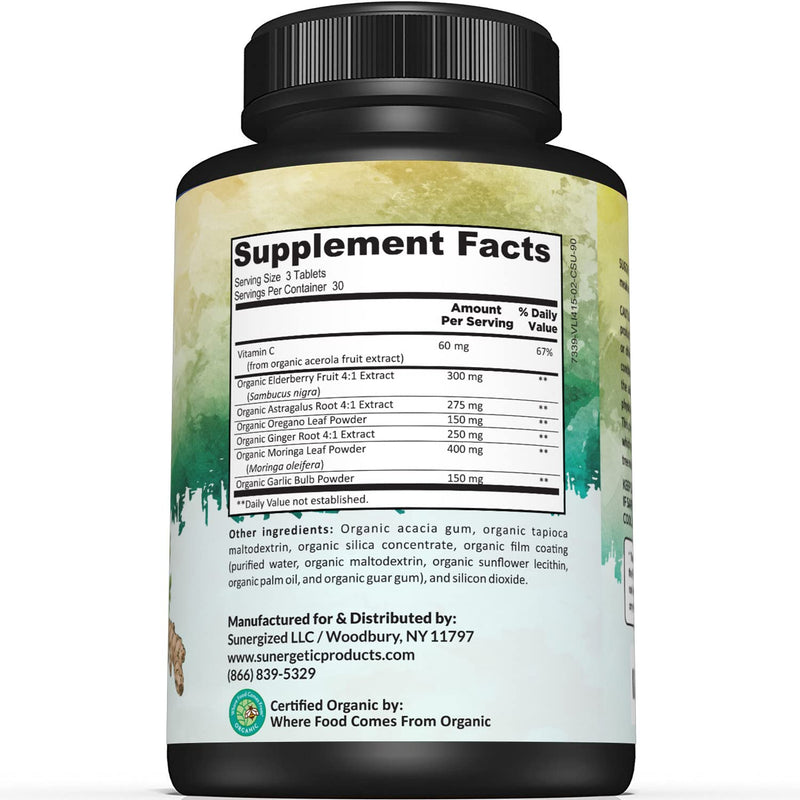 USDA Organic Immune Support Supplement – Organic Immune Health Supplement with Vitamin C, Elderberry, Astragalus, Oregano, Ginger, Moringa & Garlic – Organic Immune System Support - 90 Immune Tablets