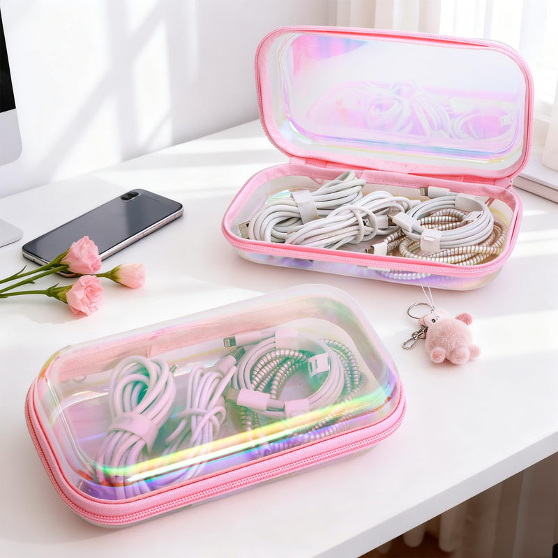 Clear Hard Shell Zipper Case, Surface scratch resistant material, Portable Cosmetic Bag with Zipper, Diaper Bag Organizing Pouches, Hard Plastic Case, Clear Bags for Organizing, Pink （6 Pcs） 4M+2L