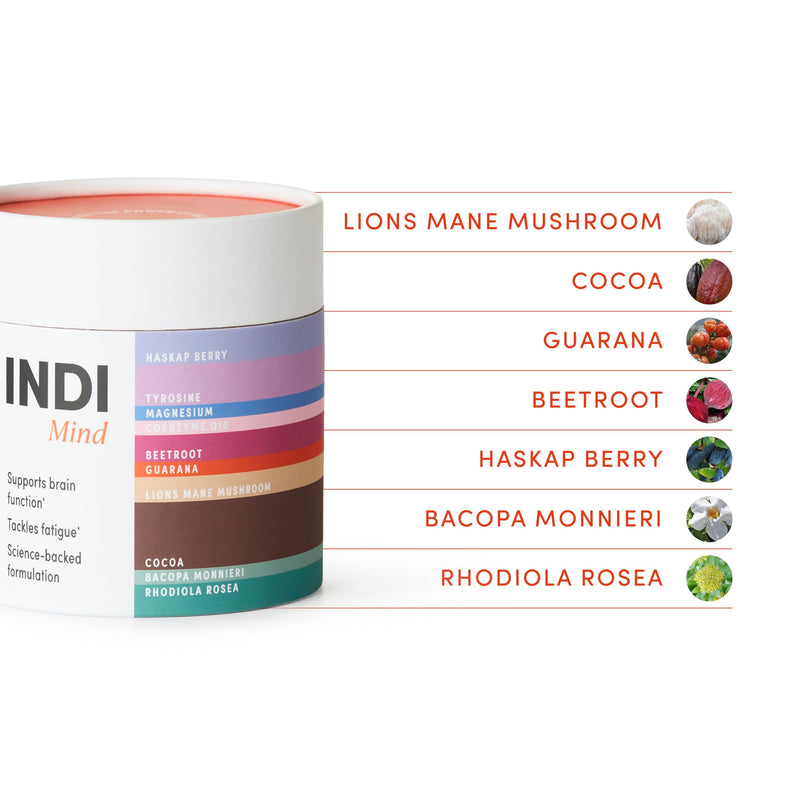 INDI Lion's Mane Mushroom Powder Supplement – Nootropic Brain Support for Focus & Mental Clarity – 15:1 Extract with Magnesium, CoQ-10 & Rhodiola – Chocolate Flavour, Vegan & Made in UK – 28 Servings 170 g (Pack of 1)