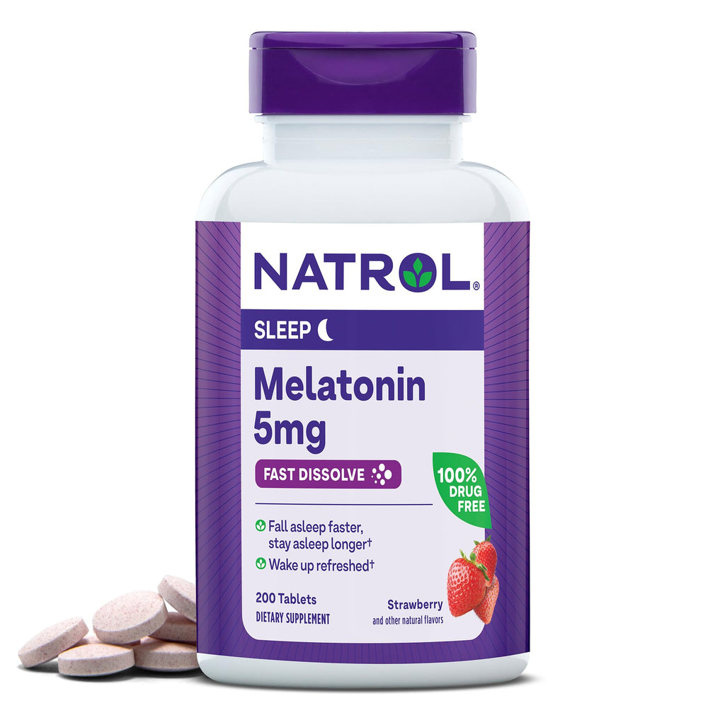 Natrol Sleep Melatonin 5mg Fast Dissolve Tablets, Nighttime Sleep Aid for Adults, 200 Strawberry-Flavored Melatonin Tablets, 200 Day Supply 200 Count (Pack of 1)