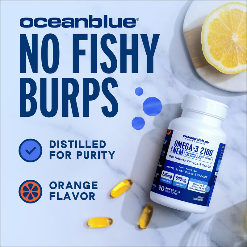 Oceanblue Omega-3 2100mg Fish Oil Supplement with 500mg Natural Eggshell Membrane NEM, Magnesium, Vitamins K2 & D | Triple-Strength, High-Potency | Support Joint Comfort & Muscle Recovery