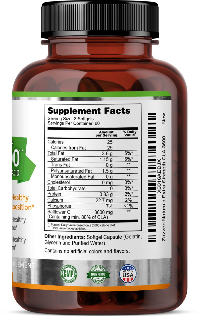 [Australia] - Zazzee High Potency CLA 3600, 180 Softgels, 3600 mg per Serving, Conjugated Linoleic Acid from Safflower Oil, Concentrated and Standardized, 60 Day Supply, Non-GMO and Made in The USA 
