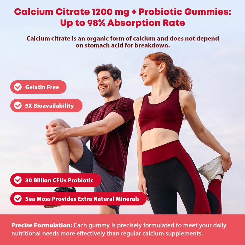 Sugar Free Calcium Citrate 1200 mg + Probiotic Gummies with Vitamin D3, K2, Magnesium – Calcium Gummies for Bone Support*, High Absorption, Women & Men, Vegan, 60 Count