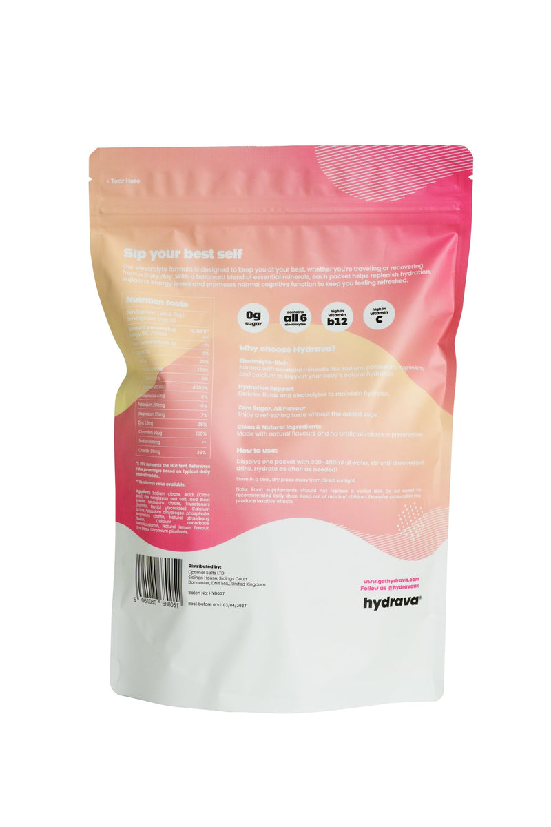 Electrolyte Sachets | 30 Pack | Sugar Free Electrolytes with Sodium, Magnesium, Vitamin C & More | Rehydration Powder with All Natural Flavours and Zero Sugar | Strawberry Lemonade