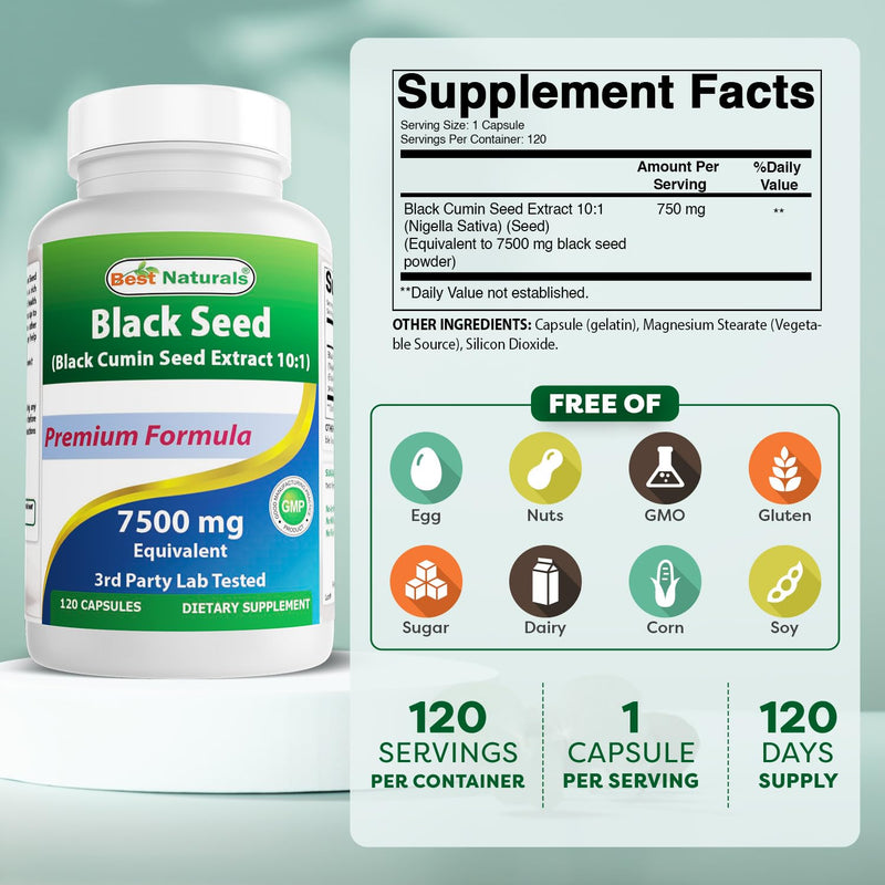 [Australia] - Best Naturals Black Seed (Black Cumin Seed Extract 10:1) 750 mg Per Serving- 120 Capsules 