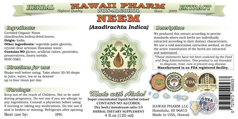 [Australia] - Hawaii Pharm Neem Alcohol-FREE Liquid Extract, Organic Neem (Azadirachta indica) Dried Leaf Glycerite Natural Herbal Supplement, USA 2 fl.oz 