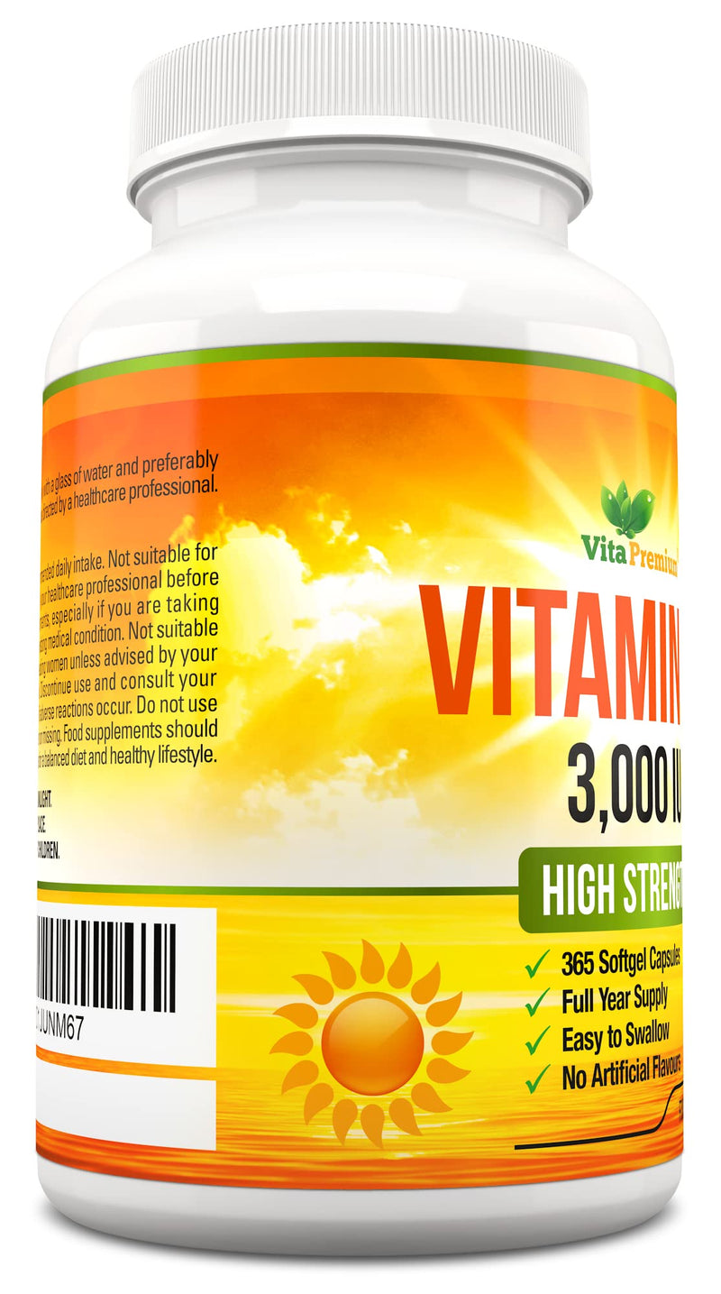 Vitamin D 3,000 IU, High Strength Vitamin D3 Supplement, 365 Easy to Swallow Softgels - Full Year Supply