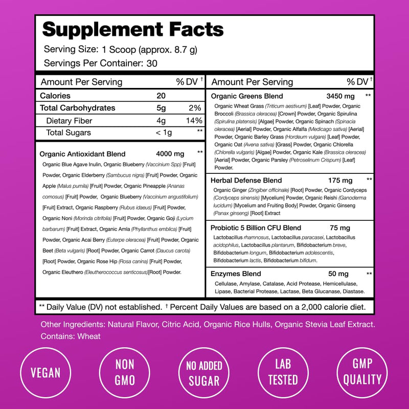 [Australia] - Super Greens Powder Premium Antioxidant Superfood | Organic Greens Fruit and Veggie Vegan Supplement | 40+ Greens and Superfoods Including Wheatgrass & Spirulina | Probiotic Powder Greens, Sweet Berry 