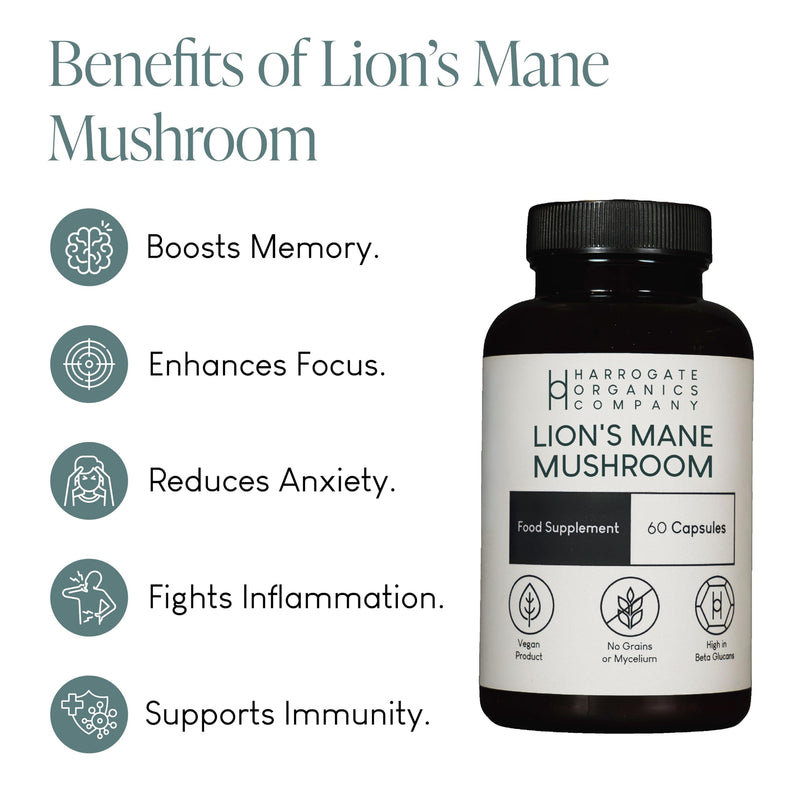 Harrogate Organics Lion's Mane Mushroom Supplement 60 Capsules - Natural Nootropic for Cognitive Boost, Memory Support & Mental Clarity