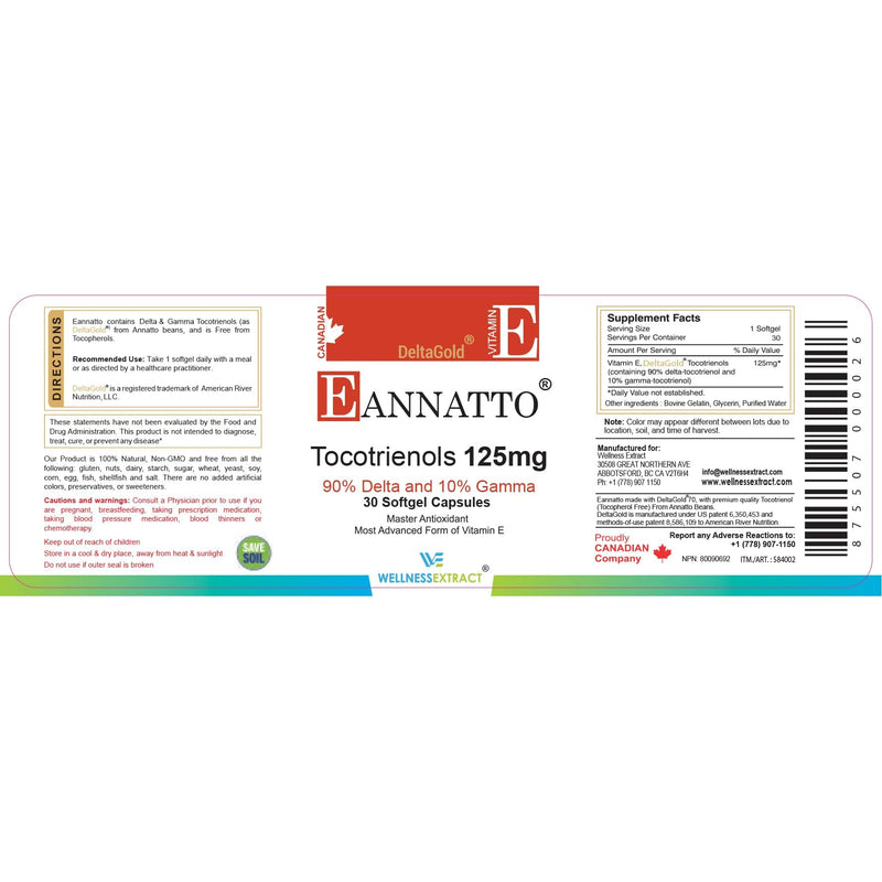 Tocotrienols Vitamin E Supplement Annatto Derived – DeltaGold, Tocopherol Free, Supports Cholesterol, Inflammation, Brain & Skin Health (125 mg, 30 Softgels) 125mg 30 Softgels