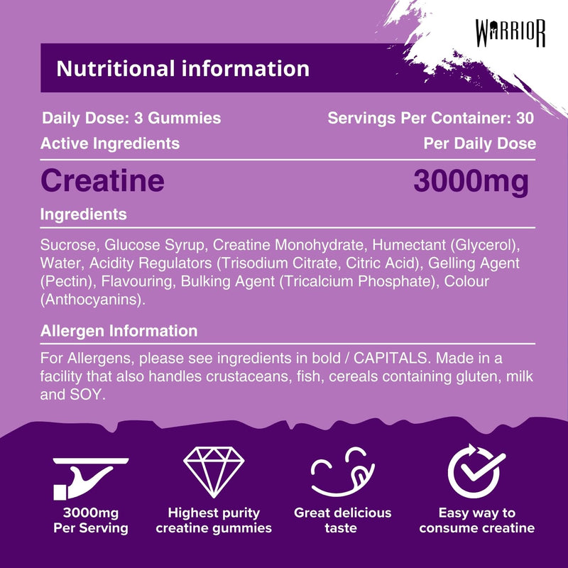 Warrior Creatine Gummies 90 Gummies – 1000mg Each – 30 Day Supply – High Strength Creatine Monohydrate Gummies – Vegan, Sugar Free Chewable Supplement for Strength & Recovery (Grape Fury) Grape Fury