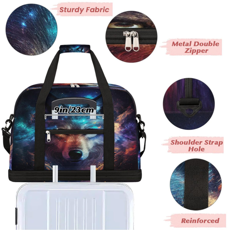 Wolf Large Travel Duffel Bag for Women Men Gym Bag With Shoe Compartment | Animal Galaxy Weekender Overnight Bags Foldie Travel Tote Bag Carry On Personal Item Bag for Travel Hospital Gym Sport B color 13