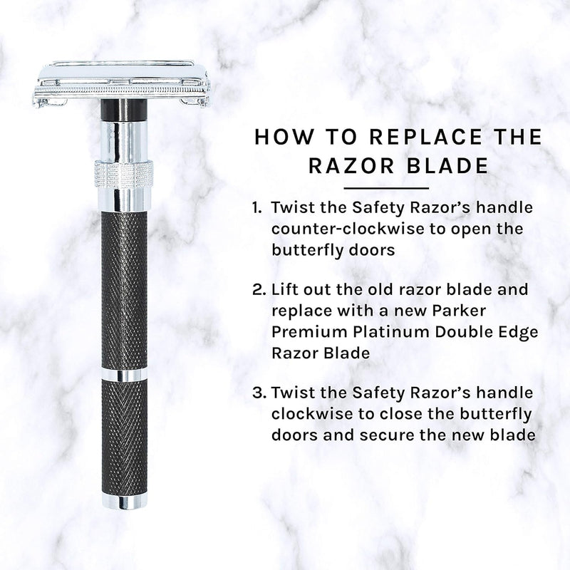 Parker, 96R Graphite Gray Long Handle Butterfly Open Double Edge Safety Razor for Men, 5 Parker Premium Platinum Double Edge Razor Blades Included