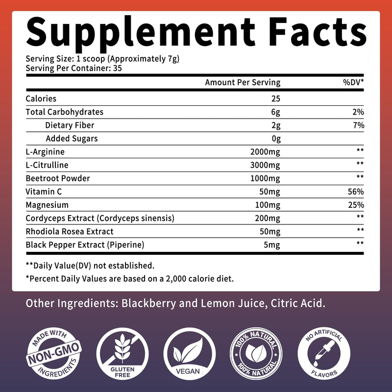 [Australia] - Nitric Oxide Supplement - Beet Root Powder with L-Citrulline & L-Arginine, Nitric Oxide Supplements for Men Women with Beetroot, Supports Energy, Heart Health, BlackBerry Lemon Flavor, 35-Day Supply 8.82 Ounce (Pack of 1) 