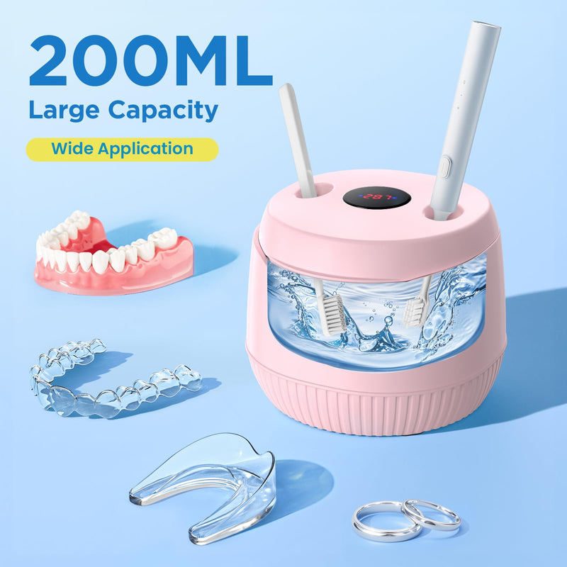 [Australia] - Dental Ultrasonic Retainer Cleaner Machine - Dental Cleaning Pod for Denture, Mouth Guard, Aligner, Night Guard, Braces, Toothbrush Heads, Jewelry, 45kHz Retainer Cleaner with Digital Timer & 200ML Pink 