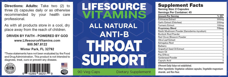 LifeSourceVitamins Throat Support - Anti-B - 90 Caps - Proprietary Formula -LSV, 1 Count (Pack of 1) | 14 All Natural Ingredients • Echinacea • Targeted