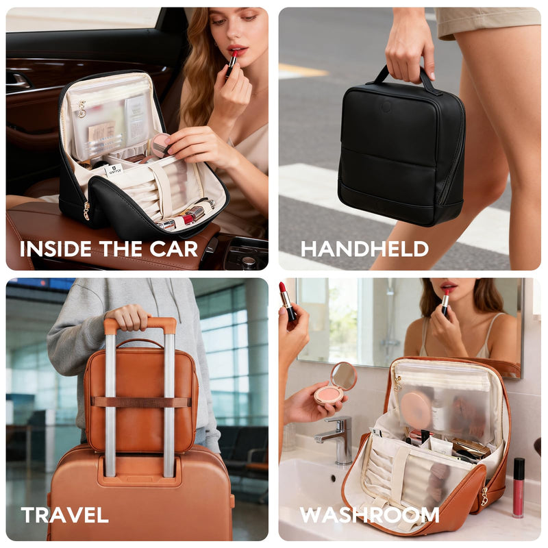 GIVLEFLY Standing Makeup Bag for Women, Large Travel Cosmetic Organizer | Standing travel makeup bag with divided storage, brush compartment, wide opening and water-resistant microfiber leather. Black