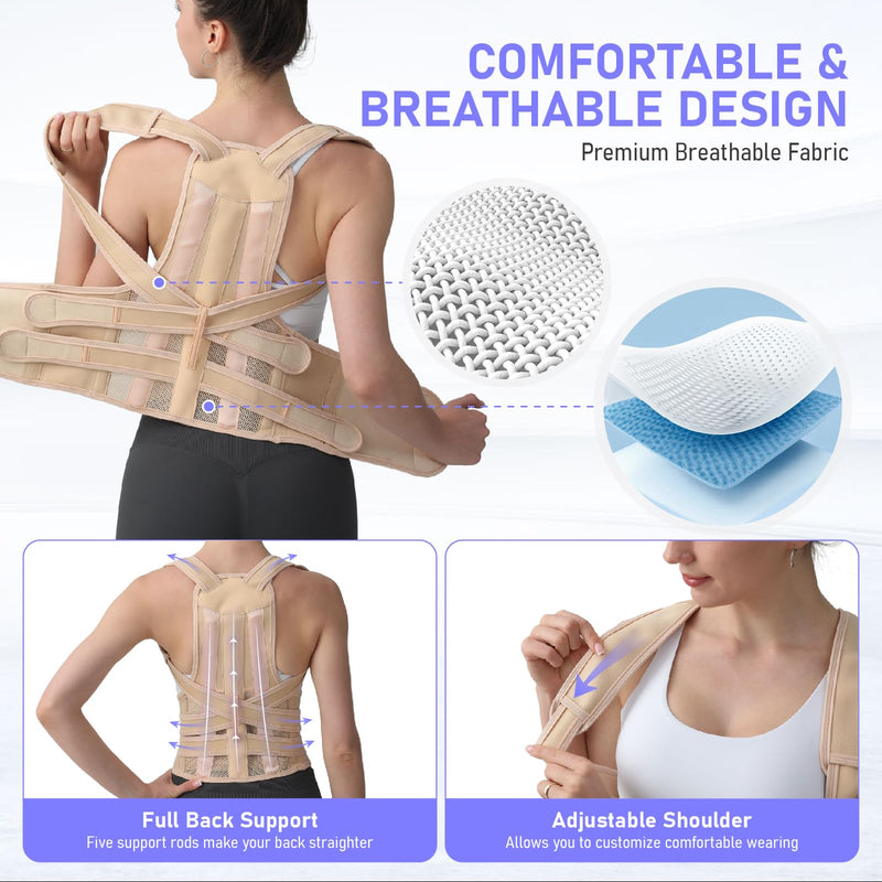 [Australia] - Posture Corrector for Women and Men, Back Brace with Full Back Support, Adjustable Shoulder Straightener for Upper & Lower Back Pain Relief, Scoliosis, Hunchback (Medium, Beige) Medium 