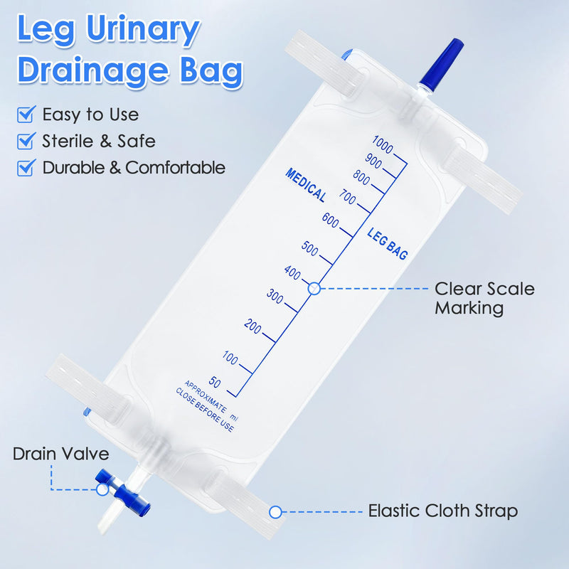 [Australia] - 5 Pack 33.8oz/1000ml Leg Bag Urinary Drainage Bag with Cloth Straps, Leg Catheter with Anti Reflux Valve for Men Bladder Control, Urine Collection Catheter for Single Use, Easy Flip Drain 5 