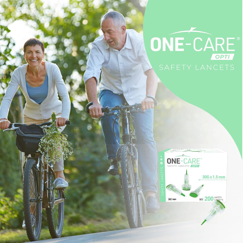 [Australia] - 200 Count: ONE-CARE Opti Safety Lancets, Top Button Activated, 30G x 1.5mm, Auto-Retractable, Sterile, Single Use, Ideal for Blood Testing, Ultra-Thin for Comfort 