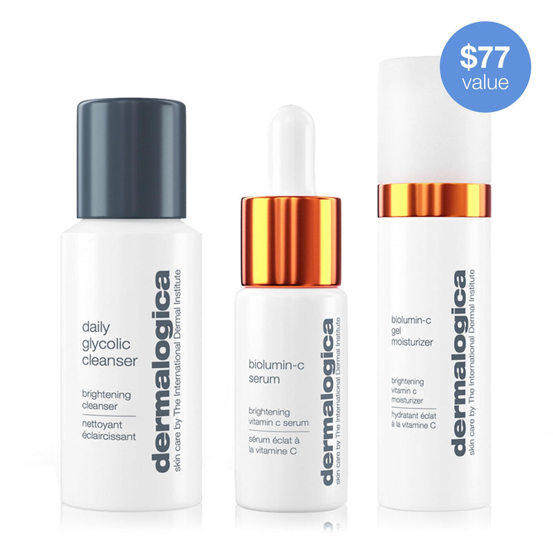 Dermalogica Daily Brightness Boosters, Vitamin C Brightening Skincare Kit | Brightens Dull Skin and Evens Tone, 3-Piece Vitamin C Kit with Glycolic Cleanser, BioLumin-C Serum, and Gel Moisturizer