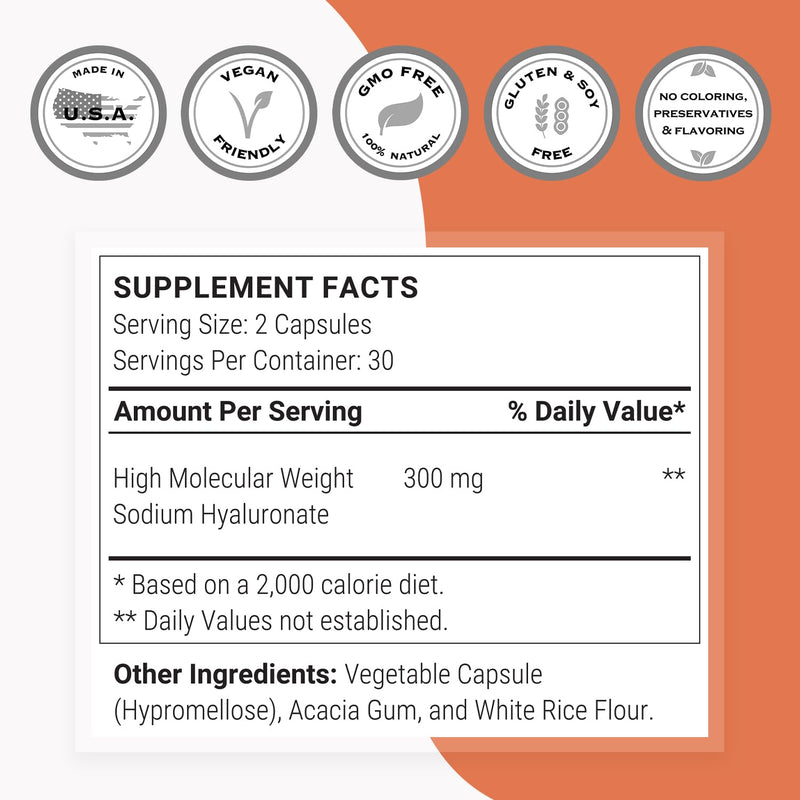 [Australia] - Supersmart Hyaluronic Acid Supplement 300mg per Day (Sodium Hyaluronate) - High Molecular Weight 1.2 Million Daltons | Non-GMO & Gluten Free - 60 Vegetarian Capsules 