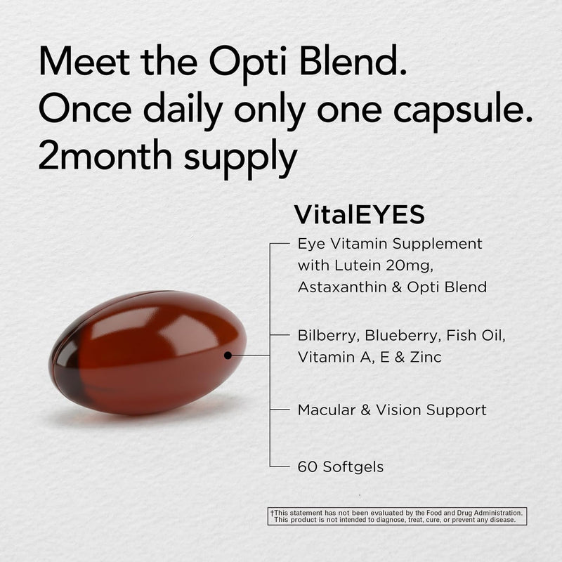 VitalEYES High Potency Lutein 20mg & Astaxanthin, Macular & Clear Vision Support, Eye Health Vitamins A, E, Zinc, Magnesium, Premium Eye Supplement for Digital Users 60 Softgels,