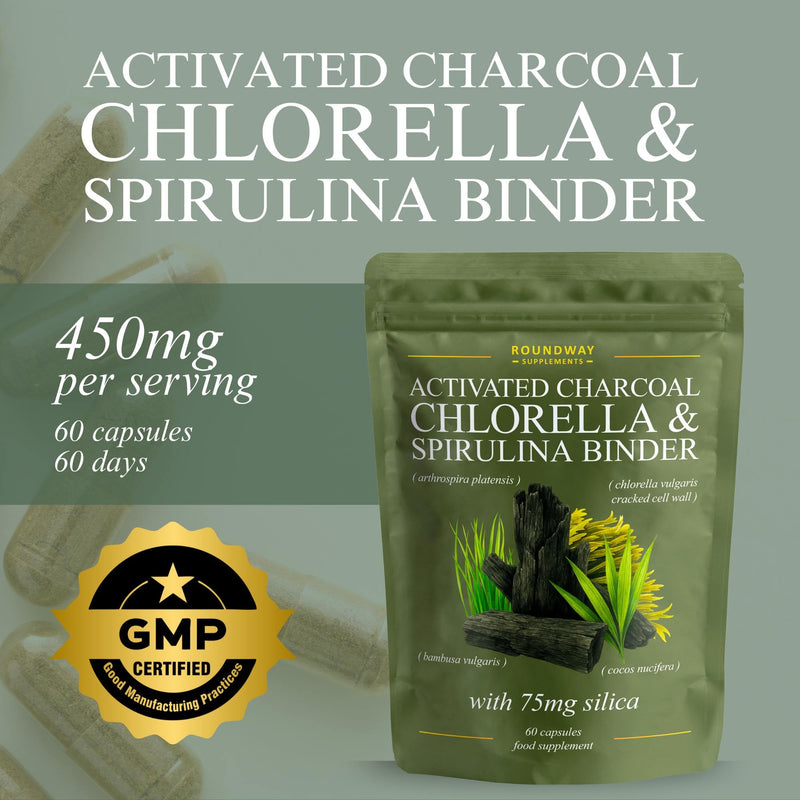 Binder & Detox Supplement with Activated Charcoal, Chlorella, Spirulina & Silica. Advanced Full Spectrum Binder for Cleanse & Detox | 60 Capsules | Made in The UK by Roundway Supplements