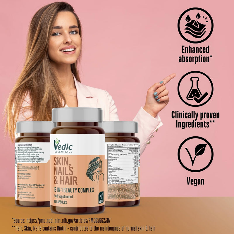 Vedic Skin Hair Nails Beauty Complex | 16-in-1 Vegan Capsules with Hyaluronic Acid, Biotin, Zinc, Selenium, Copper, Vitamins A B C D E | 90 Vegan Capsules