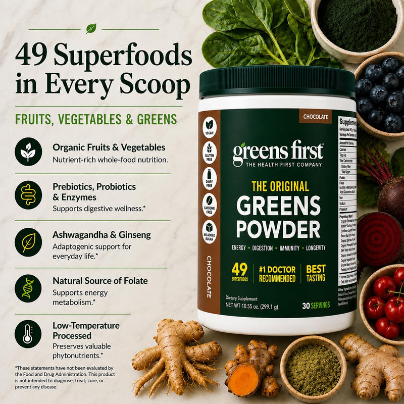 Greens First Original Greens Powder, Chocolate, 30 Servings | 49 Superfoods, Organic Fruits & Veggies, Probiotics & Digestive Enzymes, Antioxidant Smoothie, Dairy Free, Vegan & Non-GMO 30 Serving