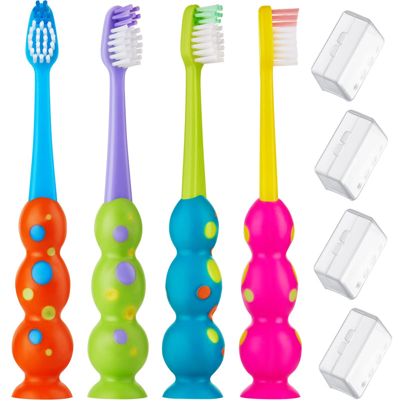 [Australia] - Kids Toothbrush 4 Pack - Soft Bristles with Suction Cup - Toothbrush Kids, Child Sized Brush Heads, 3-10 Year Old Kid Toothbrush with Easy Storage - Toddler, Girl and Boy Set (4-Pack, Multi-Color) 1 Count (Pack of 4) 
