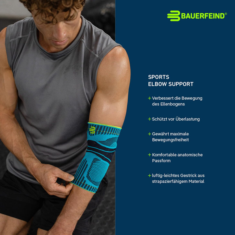 [Australia] - Bauerfeind unisex elbow sports bandage, for ball and kick sports, stability on the elbow joint, silicone ring, size. M, rivera, 1 piece 