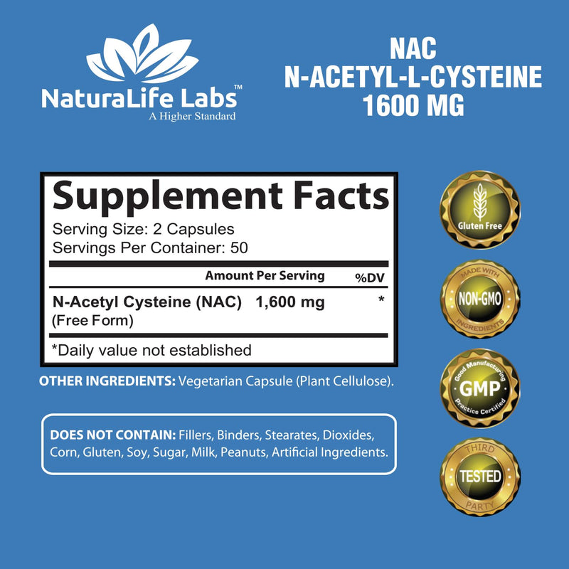 [Australia] - N-Acetyl-L-Cysteine (NAC) 1600 mg Lung Health & Immune Support, Liver Support & Antioxidants*, Free-Radicals, Free Form - 100 Veggie Capsules 