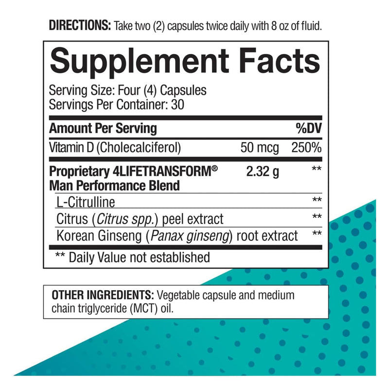 4Life Transform Man Men's Health Vitality Supplement, 120 Veggie Capsules | L-Citrulline, Vitamin D, Korean ginseng, Nitric oxide support, Mens vitality, Energy Levels, Citrus, Endocrine wellness