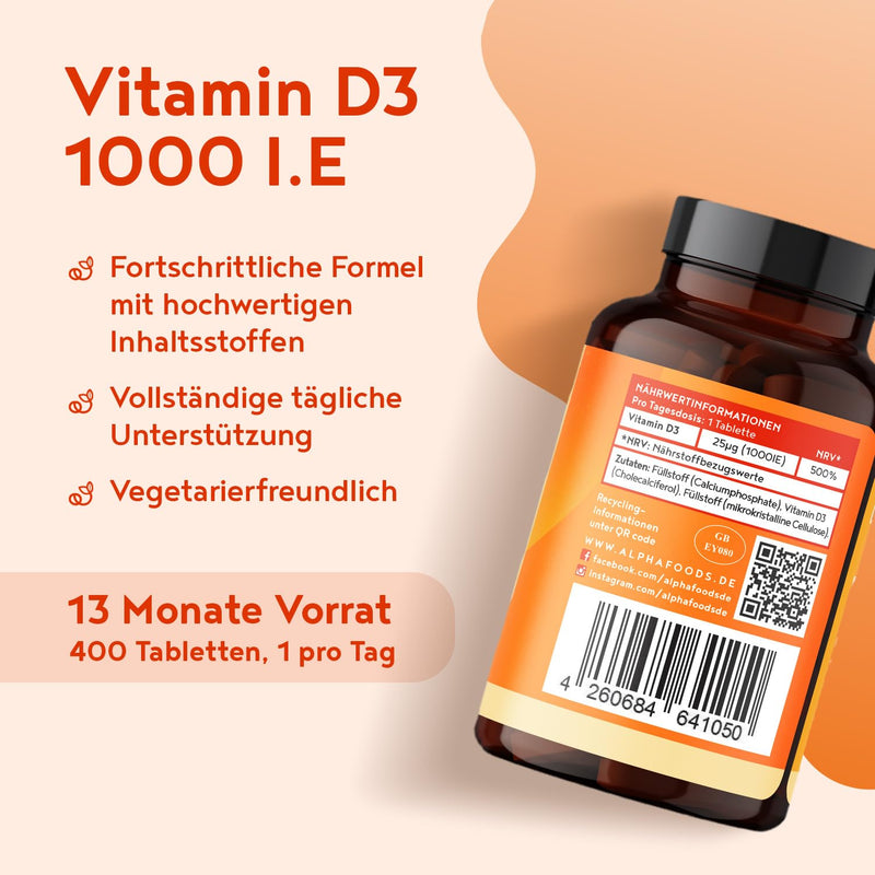[Australia] - Vitamin D3 1000 IU - 400 tablets over 1 year supply - Vitamin D for the immune system, bones, teeth & muscles - High dosage - Vegetarian - Alpha Foods 