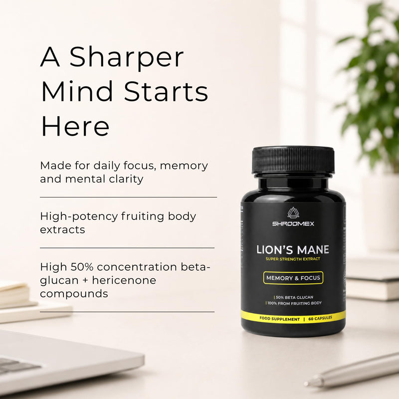 Lions Mane Mushroom Supplement | 1000mg Per Capsule | Dual Extract 50% Beta Glucan Supplements | 100% Fruiting Body | Memory & Focus | 60 Vegan Capsules | UK Made