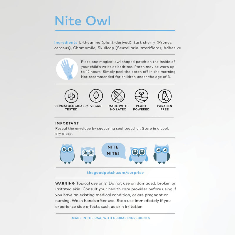 [Australia] - The Good Patch Nite Owl Patch, Natural Sleep Patch Support for Kid Bedtime with Tart Cherry, Chamomile, and Skullcap, Plant Powered, Sustained Release (36 Total Patches) 6 Count (Pack of 6) 
